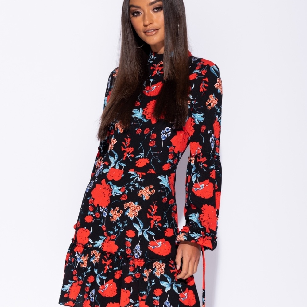 Floral High Neck Frill Hem Tie Sleeve Mini Dress
